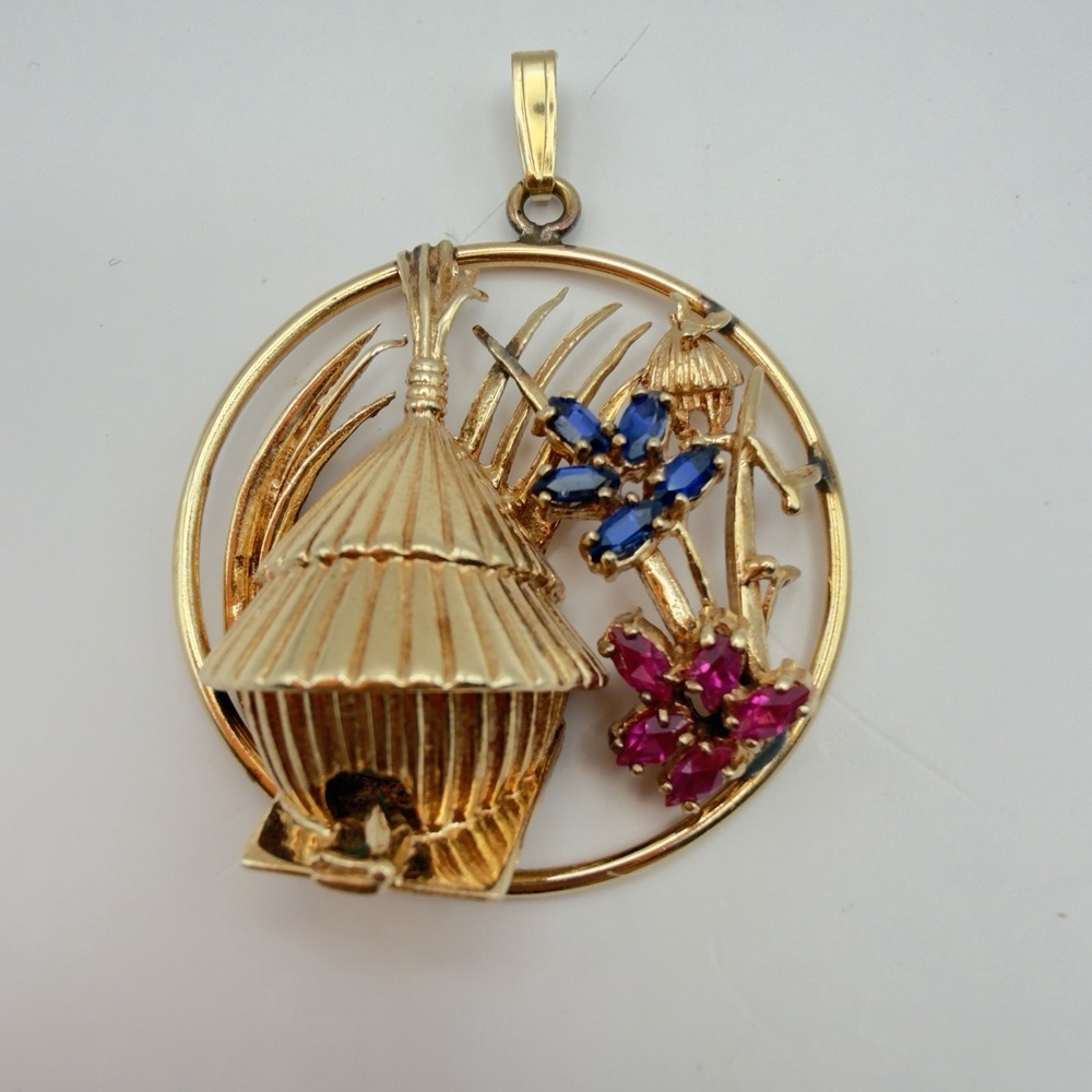 Vtg Estate 14k Yellow Gold Bird Cage Pendant Gems 11.68 Grams Heavy Rare Read
